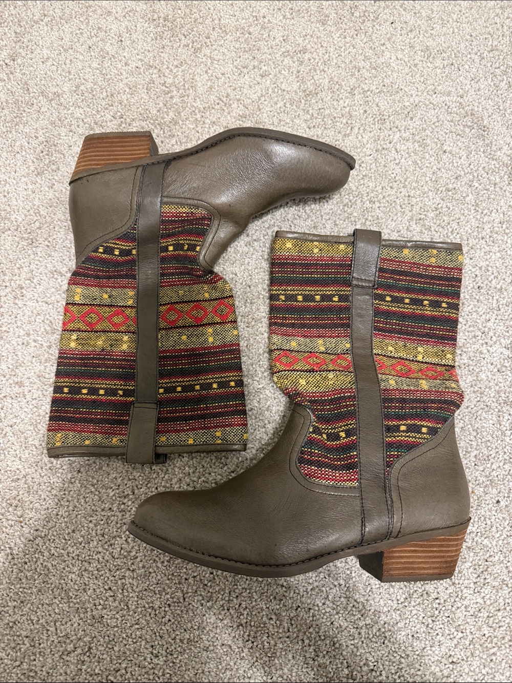 Steve Madden Taupe Leather & Multicolor Southwestern Mid-Calf Booties
